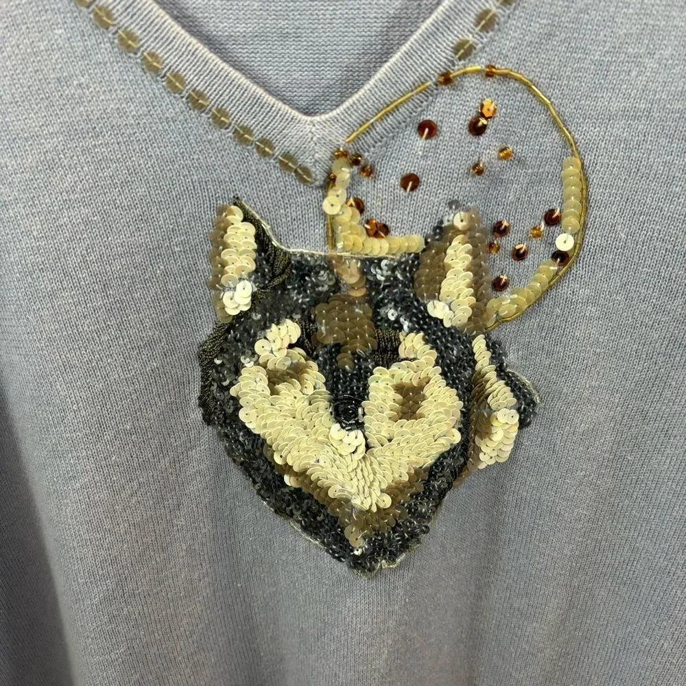 Ladies Limited Edition Storybook Knits Blue “Wolf Moon” V Neck Sweater Size‎ 2X